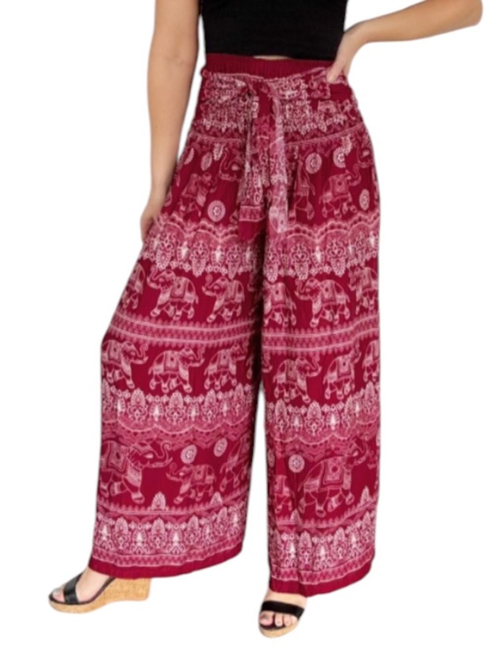 India Boutique maroon white tribal elephant tie waist wide leg pants OS
